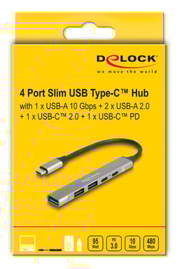 Delock 4 porta slim type-C USB Hub con 1 x USB 10 Gbps Tipo A + 2 X USB 2.0 Tipo A + 1 X USB 2.0 USB Type-C e PD 95 W