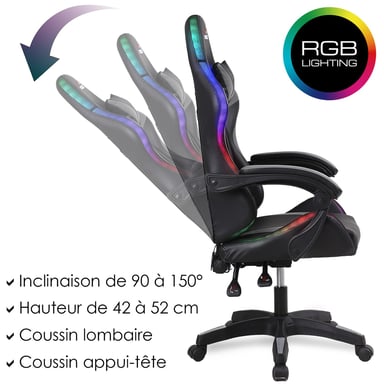 Amstrad AMS-900-LED-GAMER - Fauteuil gaming noir et gris - Serigraphie ''Gamer'' - Eclairage LED 366 effets - Télécommande