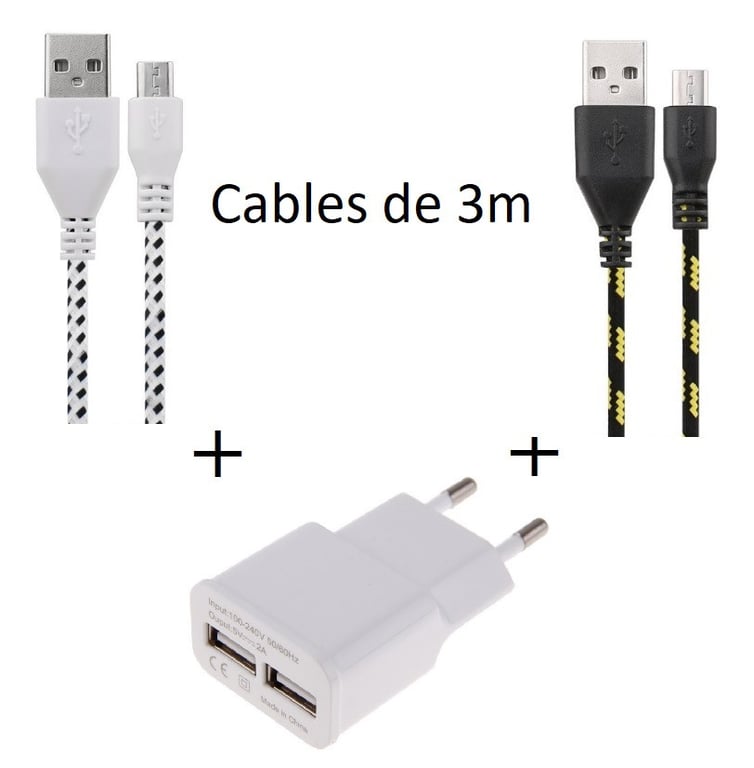 Pack Chargeur pour Manette Playstation 4 PS4 Smartphone Android Micro USB  (2 Cables Tresse 3m +