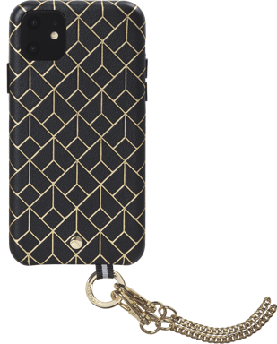 Coffret coque en Cuir embossé St Germain Noire avec bandoulière dorée amovible pour iPhone 11 Artefakt