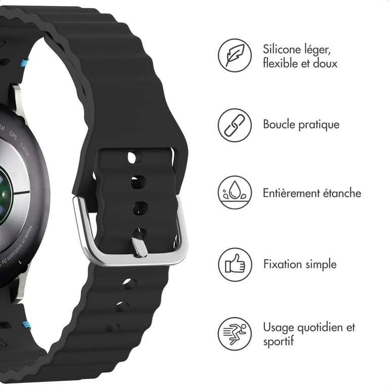 imoshion Bracelet Wave en silicone pour Samsung Galaxy Watch 4 / 5 / 6 / 7 / FE (20 mm) - Noir - Neuf