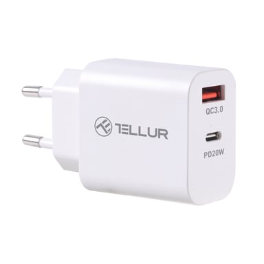 Tellur PDHC101 Chargeur mural double port, PD 20W + QC3.0 18W, blanc