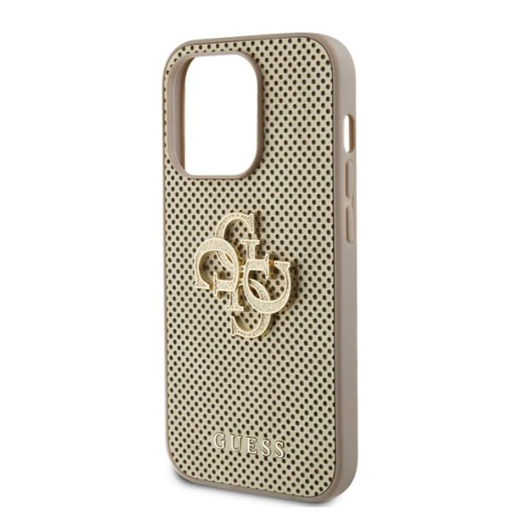 Coque pour iPhone 15 Pro Perforée avec Logo 4G en Métal Pailleté Dorée - Neuf
