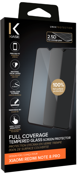 Protection d'écran en verre trempé (100% de surface couverte) pour Xiaomi Redmi 8 Pro, Noir