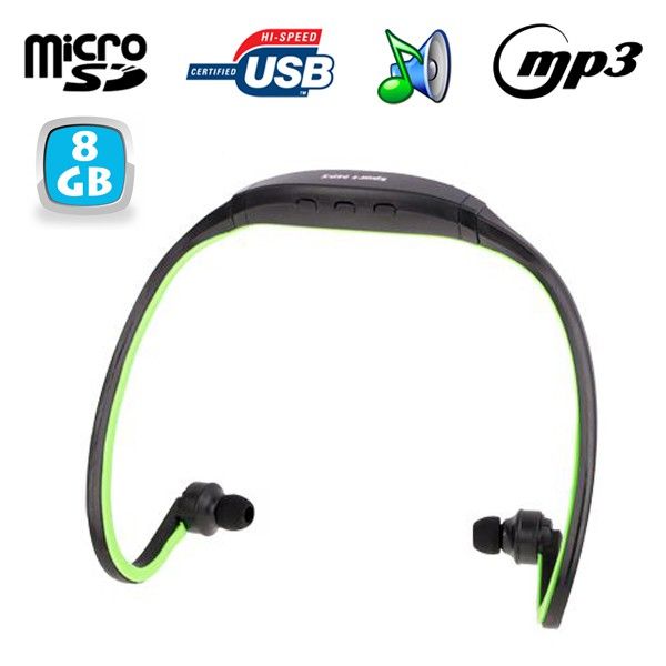 Casque MP3 Sport Sans Fil Lecteur Musique Micro SD Running Vtt Noir Vert 8 Go YONIS