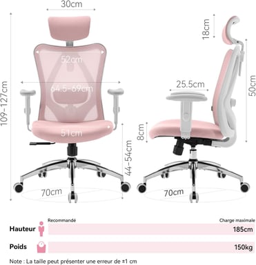 Silla ergonómica SIHOO M18 - Soporte de 4 puntos - Malla transpirable - Ajustable - Para 1,68-1,88m - Máx. 150kg - Certificado BIFMA - Rosa
