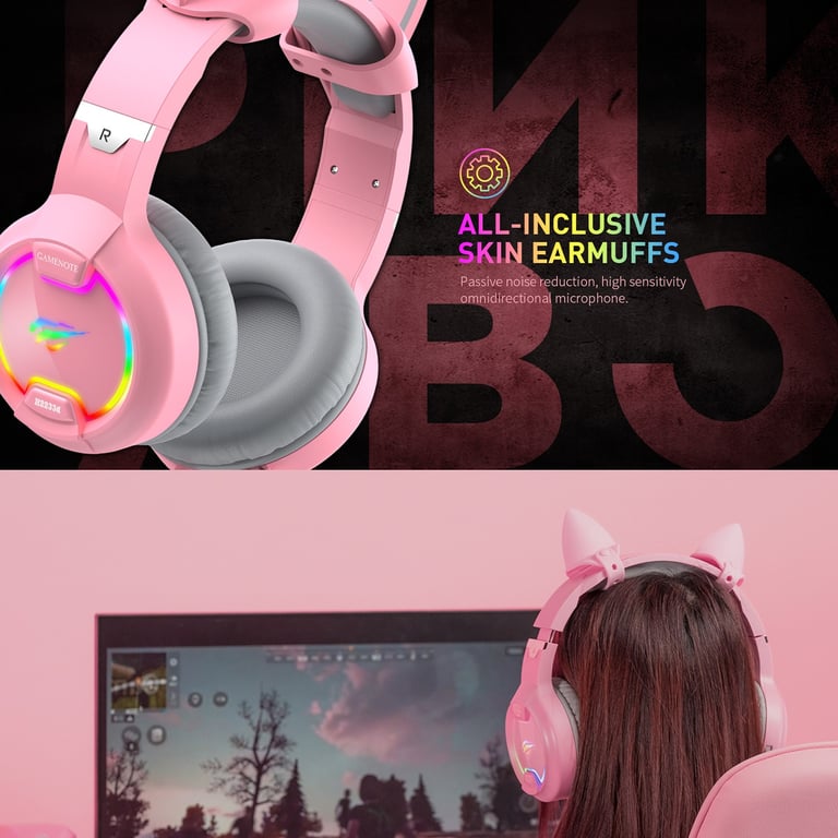 GAMENOTE H2233d Casque gaming fille rose avec oreilles de chat éclairage  RGB pour PC & console - Haut-parleur 50mm - Gamenote