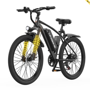 Bicicleta eléctrica Unibike Q7 de 26'' para adultos, batería de 36 V y 10 Ah, 250 W, 7 velocidades