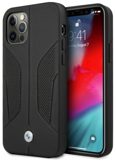 BMW Étui pour iPhone 12 Pro Max 6.7 Noir Côtés en cuir perforé