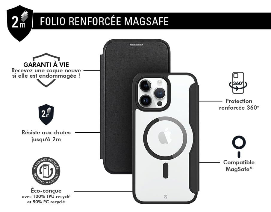 Etui Folio Renforcé iPhone 15 Pro Compatible MagSafe Noir - Garantie à vie Force Case