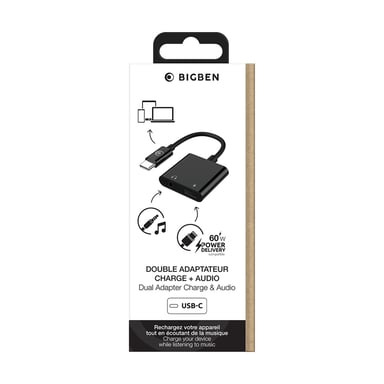 Adaptateur Audio USB C 60W PD vers Jack 3.5mm + Charge USB C 12cm Noir Bigben