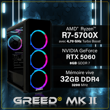 MK2 LITE - PC Gamer - AMD Ryzen7 5700X - Nvidia Geforce RTX 5060  - Rapide Bureau PC Gaming - 4K & Raytracing avec 32 GO RAM DDR4 - 512 GO SSD - Ordinateur avec WiFi + Windows 11 Pro