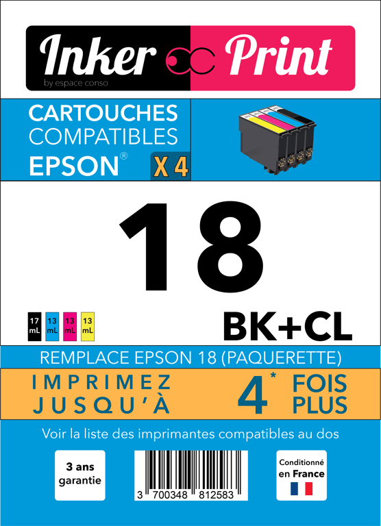 Pack de Cartouches d'encre recyclées compatibles avec EPSON 18 XL (Noir et Couleurs)