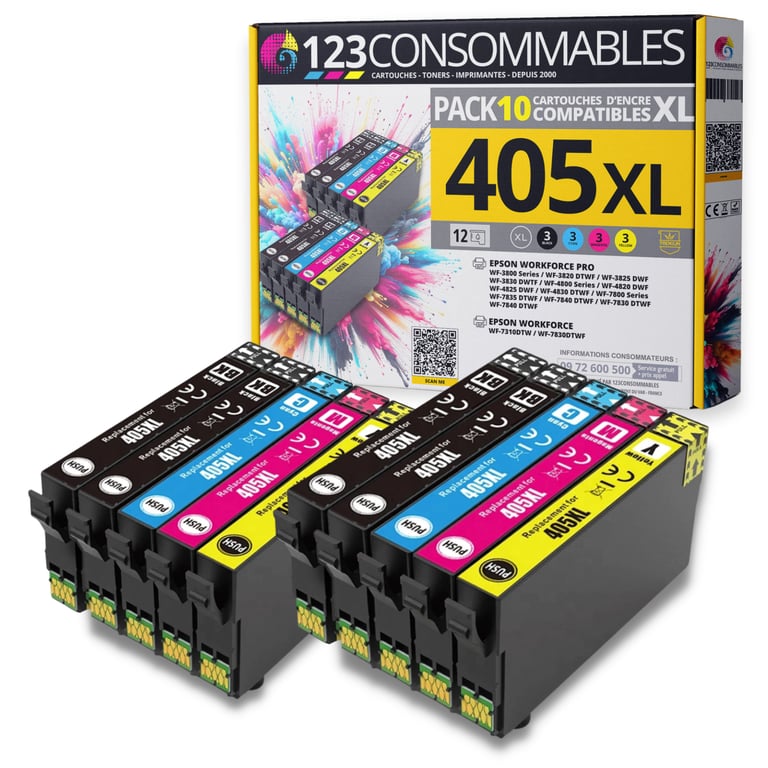 123CONSOMMABLES 405XL Cartouches d'encre compatible avec Epson 405XL Workforce Pro WF 3820DWF 3825DWF 4820DWF 4825DWF WF 7830DTWF WF 7835DTWF WF 7840DTWF 3 / 3 Cyan / 3 / 3 Jaune Neuf