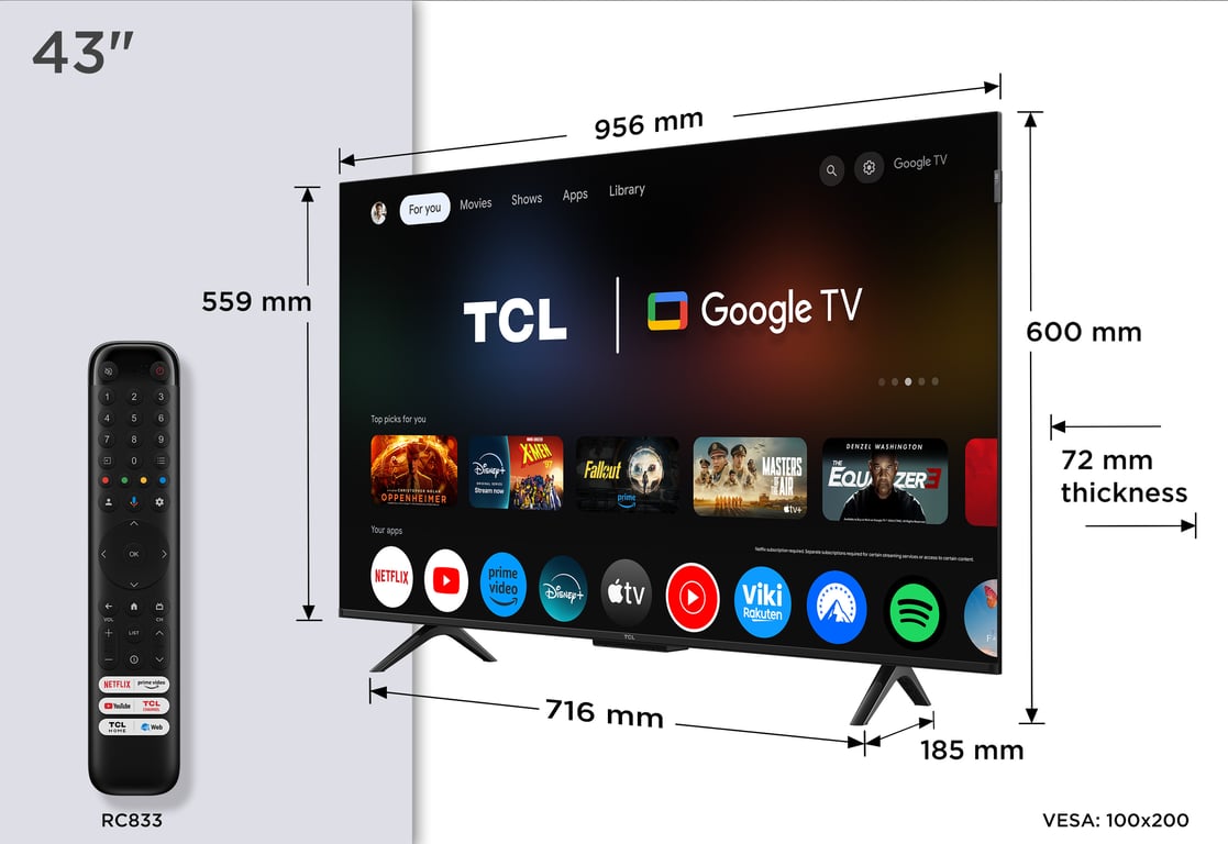 Tv Qled 4k 43'' 109 2 Cm 43p7k Tcl - vue 3