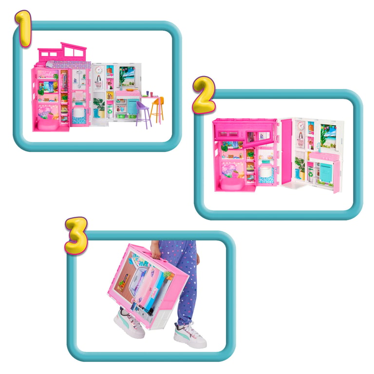 Barbie Maison de Vacances Coffret avec poupée avec 4 Zones de Jeu Dont Une Cuisine Une Salle de Bains Une Chambre et Un Salon 11 Accessoires de décoration HRJ76 - vue 2