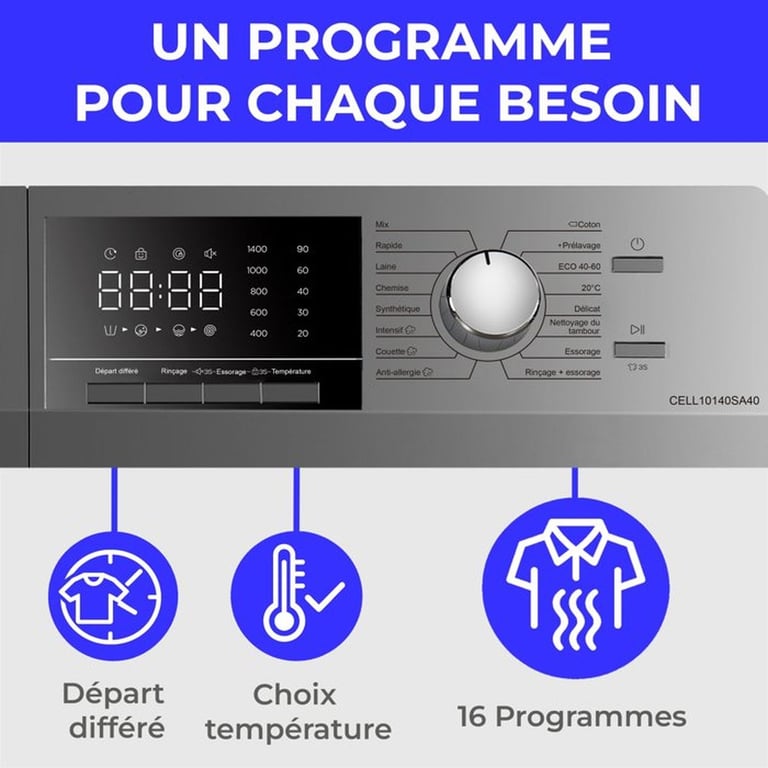 Lave linge hublot CONTINENTAL EDISON CELL10140SA40 10 kg Induction L60 cm Classe A 1400 trs - vue 3
