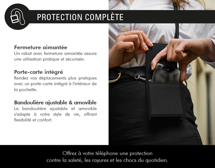 Pochette Bandoulière Galaxy Z Flip Serie Fermeture aimantée Noire + Garantie à vie Force Case - Neuf