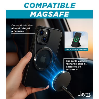 Jaym - Coque Renforcée Noire Compatible Avec Apple iPhone 15 - Compatible Magsafe - Bumper En Couleur, Dos Fumé Et Finition Chromée De L'anneau Magnétique