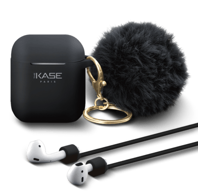 Pompón y concha Fashionista para AirPods de Apple con correa de clip magnética automática, negro medianoche