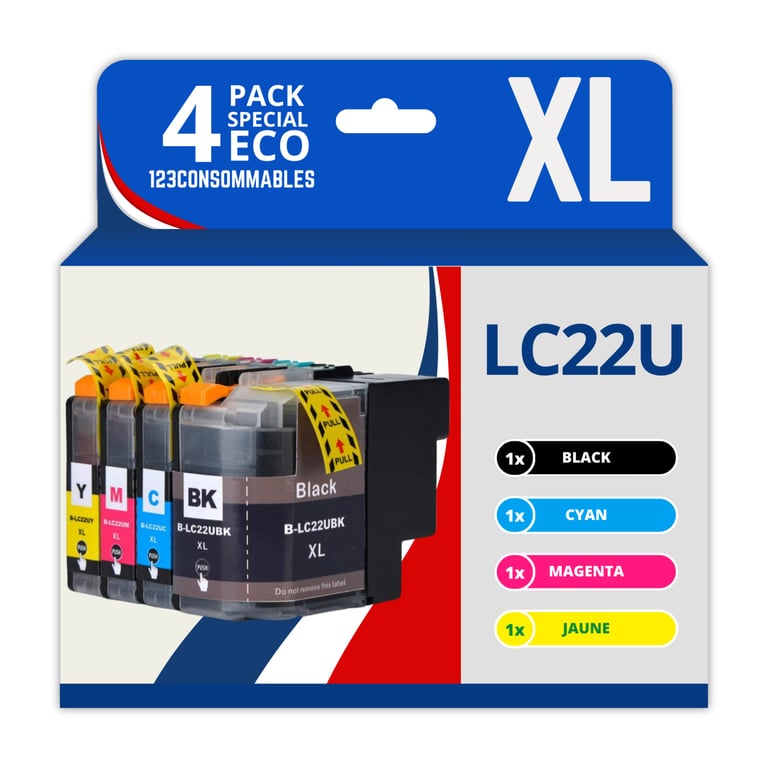 123CONSOMMABLES LC22U Pack 4 Cartouches d'encre Compatible Brother LC22UXL LC22U LC 22U LC 22UBK LC 22UC LC 22UM LC 22UY pour Brother DCP J785DW MFC J985DW 1 / 1 Cyan / 1 / 1 Jaune Neuf