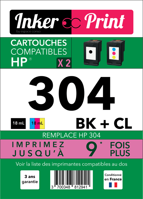 Pack de Cartouches d'encre recyclées compatibles avec HP 304 XL (Noir et  Couleurs) - Mobility Lab