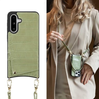Selencia Coque de télephone Nova Croco avec cordon et porte-cartes pour Samsung Galaxy A36 / A56 - Sage Green