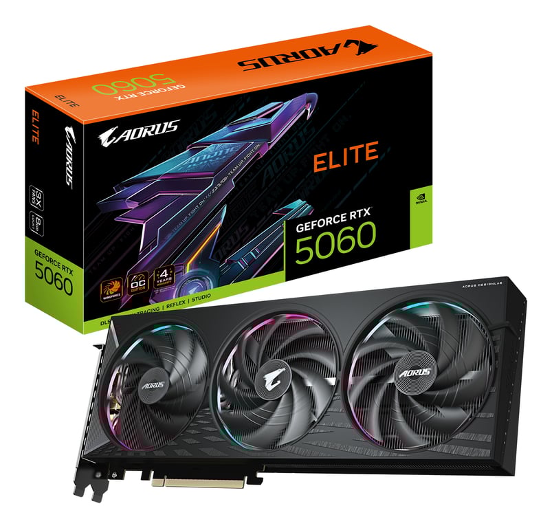 GIGABYTE AORUS GeForce RTX 5060 ELITE 8G Carte Graphique 8GB GDDR7 128bit PCI E 5.0 2722 MHz Fréquence du cœur 3 x DisplayPort 1 x HDMI GV N5060AORUS E 8GD Neuf