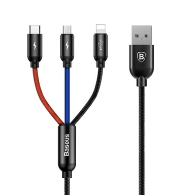 Triple Câble USB Vers Lightning USB-C Micro USB pour iPhone Samsung Xiaomi 30cm YONIS