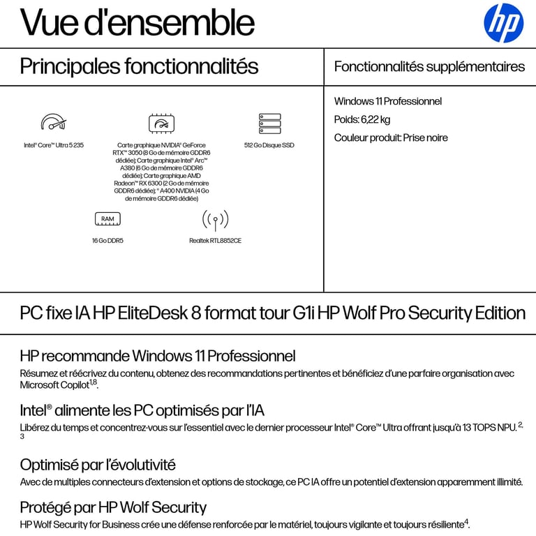 HP EliteDesk 8 Tower G1i AI Wolf Pro Security Edition Intel Core Ultra 5 235 16 Go DDR5-SDRAM Windows 11 Pro PC AI PC - Neuf