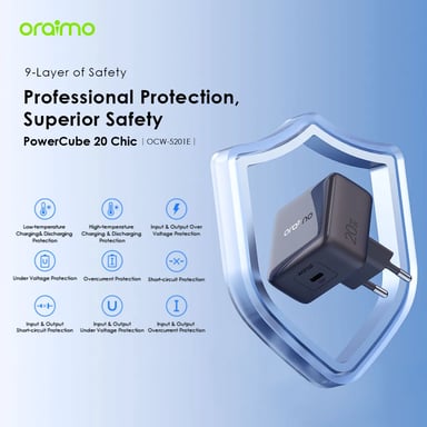 oraimo PowerCube 20W Kit – Cargador GaN 20W con cable USB-C a Lightning incluido