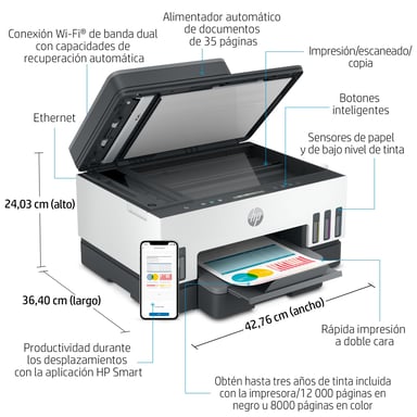 Stampante HP Smart Tank 7305 All-in-One, stampa, scansione, copia, alimentatore automatico di documenti, wireless, alimentatore automatico di documenti da 35 pagine; scansione in PDF; stampa fronte/retro