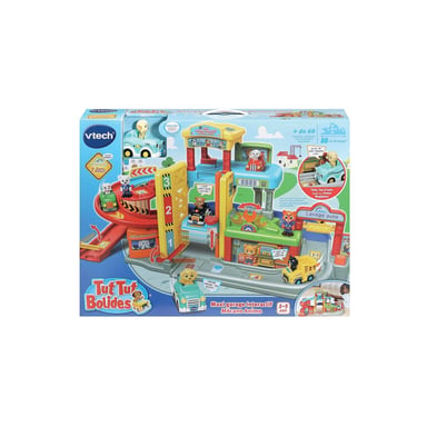 Garage MécaNimo Tut Tut Bolides Maxi VTech avec stations réparation, lavage et carburant, 7 zones magiques, personnages Théo & Fan d'Auto, véhicule électronique Multicolore