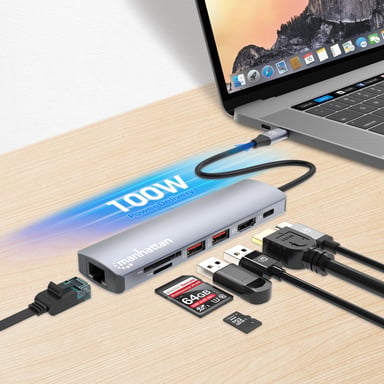 Manhattan Dock/hub USB-C con lector de tarjetas, puertos (5): Ethernet, HDMI, 2x USB-A y USB-C, con Power Delivery (PD) 100 W- requiere cargador USB-C externo (no incluido). Alimentado por USB (no requiere alimentación externa) cuando no se utiliza PD