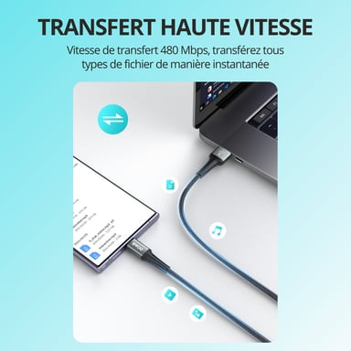 Câble USB 3.0 vers USB-C BWOO 1m noir - Charge rapide 60W - Nylon tressé et aluminium