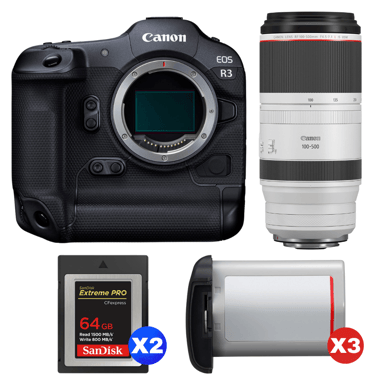 Appareil photo hybride Canon EOS R3 + RF 100-500mm f/4.5-7.1 L IS USM + 2 SanDisk 64GB Extreme PRO CFexpress Type B + 3 Canon LP-E19 + Ebook ''20 astuces pour des images qui claquent''
