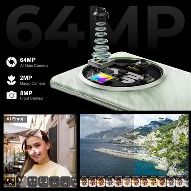 FOSSiBOT S3 Pro Smartphone 4G, Pantalla Curvada AMOLED de 6.67'', Pantalla Trasera de 1.09'', 6GB RAM 128GB ROM, Cámara AI de 64MP, Batería de 5000mAh, Helio G85, NFC, SIM Doble, Android 14, Desbloqueo Facial, Negro