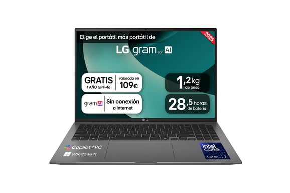 LG Gram 16Z90TL-G.AU88B laptop Intel Core Ultra 7 258V Ordinateur portable 40,6 cm (16'') WQXGA 32 Go LPDDR5x-SDRAM 1 To SSD Wi-Fi 7 (802.11be) Windows 11 Home Noir