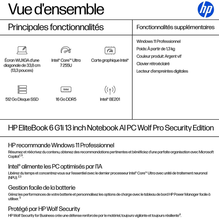 HP AD4F0ET laptop Intel Core Ultra 7 33 8 cm 13.3 WUXGA DDR5 SDRAM Wi Fi 7 802.11be Neuf - vue 5