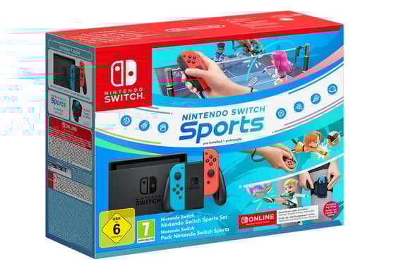 Switch & Nintendo Switch Sports (Pré-installé) + 3 mois d'abonnement NSO (Code), Bleu Néon & Rouge