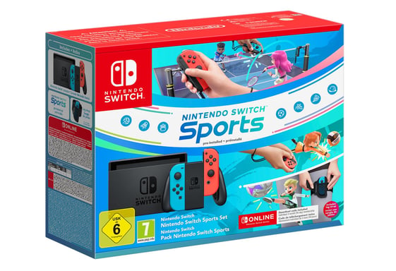 Switch & Nintendo Switch Sports (Pré-installé) + 3 mois d'abonnement NSO (Code), Bleu Néon & Rouge