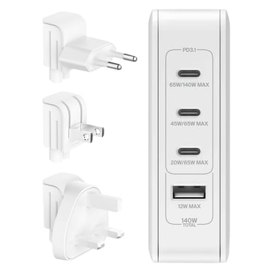 Caricabatterie 3x USB-C e USB 140W GaN ultra-veloce formato compatto