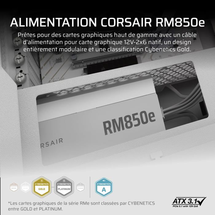 Alimentation PC - RM850e White - 850 W - ATX 3.1 - 80 PLUS Gold - Neuf