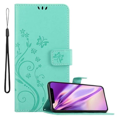 Coque pour Apple iPhone 11 PRO MAX en TURQUOISE FLORAL Housse de protection Étui au design floral avec fermeture magnétique, fonction de support et emplacements pour cartes