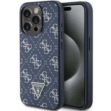 Custodia Guess per iPhone 15 Pro 6.1'' blu Custodia rigida 4G Triangolo Logo in metallo