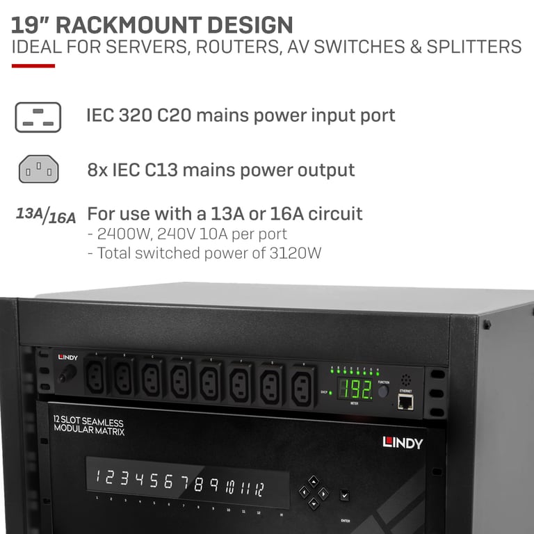 LINDY IP Power Switch Classic 8 Unité de commande de 'alimentation rack montable Ethernet 10100 connecteurs de sortie : 8 1U - vue 2
