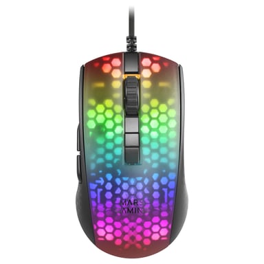 Mars Gaming MMR, Ratón Gaming RGB Chroma, Estructura Translúcida Ultra-ligera 58 g, 12800 DPI, Switches Mecánicos HUANO, Negro