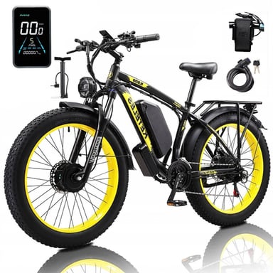 Vélo électrique KETELES K800, moteur 2000W, batterie 48V 23Ah, vitesse maximale 50 km/h, autonomie 100 km, pneus 26*4,0 pouces, noir et jaune.