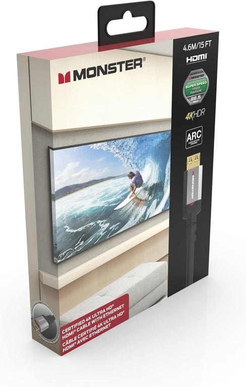 Câble HDMI Monster 4.5M - Résolution 4K - Vidéo HDR - Audio Return Channel - 22,5 GBPS - Vitesse Éclair - Triple Blindage - Homologué UL et CL3 - Neuf