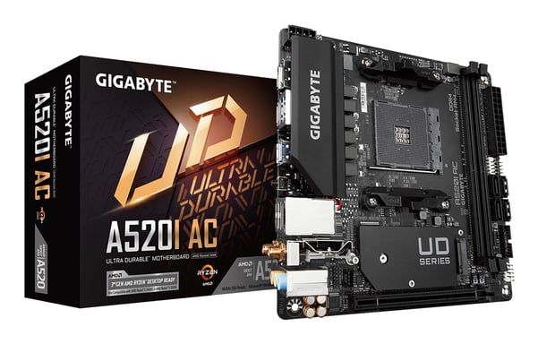 GIGABYTE A520I Placa base AC - Soporta CPUs AMD Ryzen 5000 Series AM4, 6 fases de VRM digital, hasta 5300MHz DDR4 (OC), 1xPCIe 3.0 M.2, WIFI, GbE LAN, USB 3.2 Gen1